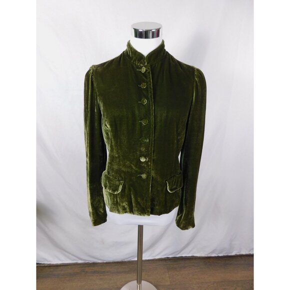 Karen Kane Jacket Womens 4 Olive Velvet Mandarin Collar Puff Sleeve Button Front - Picture 1 of 10